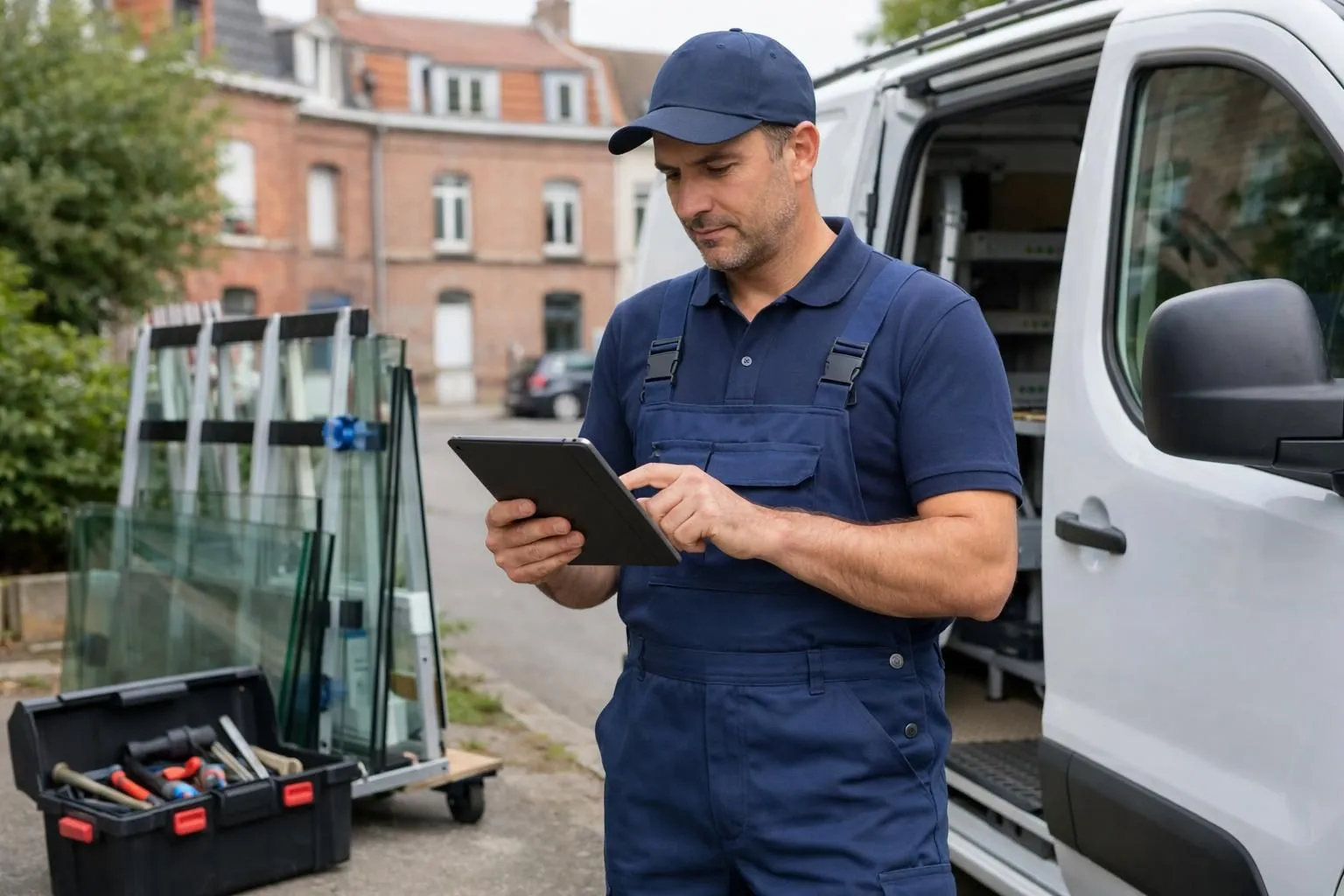 Professional glazier in work uniform examining customer review checklist on tablet while standing next to his van in residential Lille neighborhood, toolbox and glass sheets visible, natural daytime lighting showing trustworthy service provider