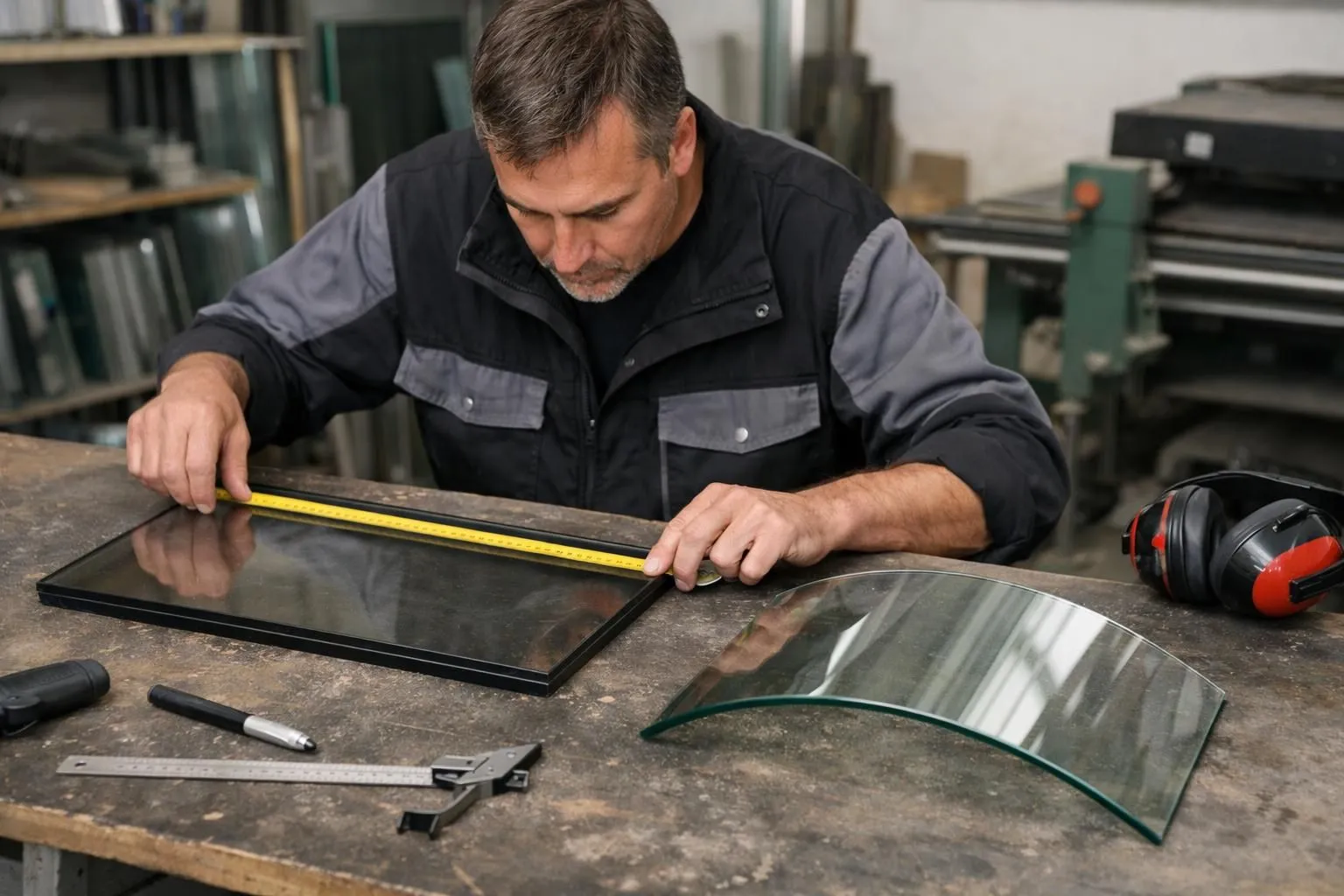 Professional glazier measuring a rectangular standard fireplace glass insert next to a custom curved glass piece on a workshop table with measuring tools and safety equipment visible in a repair shop setting