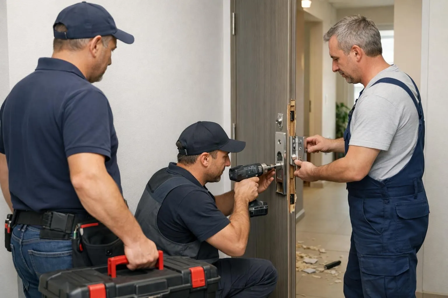 Professional locksmith team arriving at residential door with emergency toolkit, installing reinforced security lock after break-in, realistic daytime scene in modern French apartment building