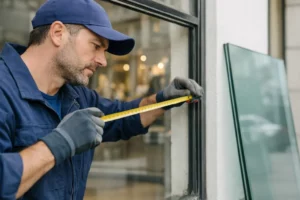 Professional glazier in work clothes carefully measuring large commercial storefront window frame with measuring tape, broken glass removed, new glass panel leaning against wall ready for installation, daytime natural light, realistic documentation style