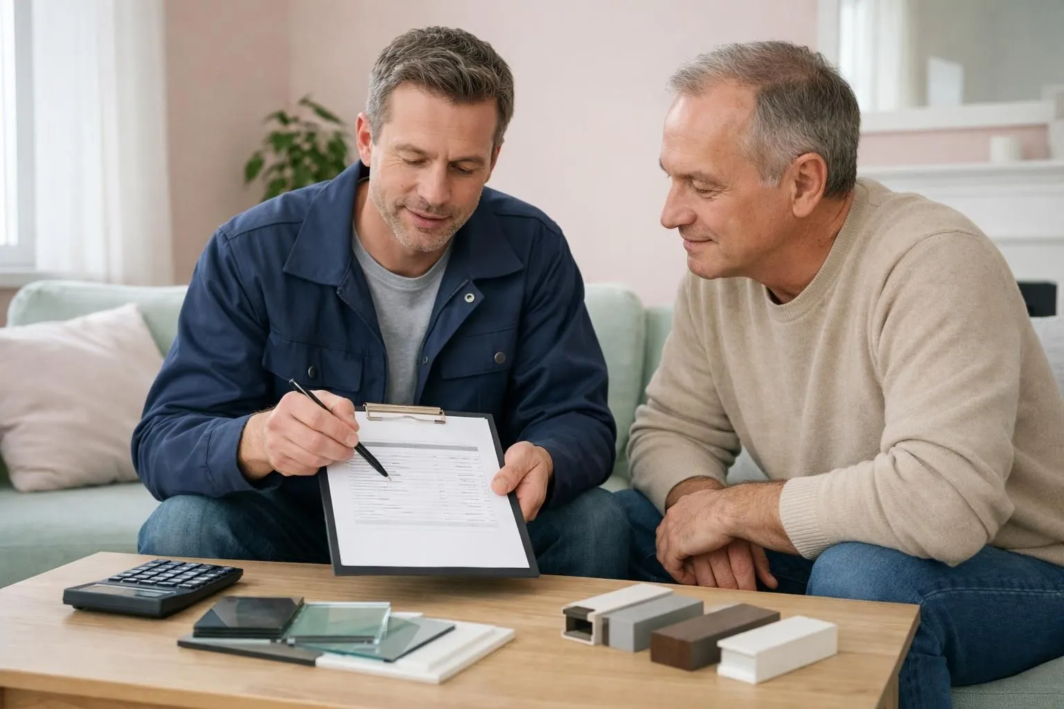 Professional glazier presenting itemized invoice to homeowner in modern Lille living room, showing transparent breakdown of window replacement costs with calculator and material samples on table