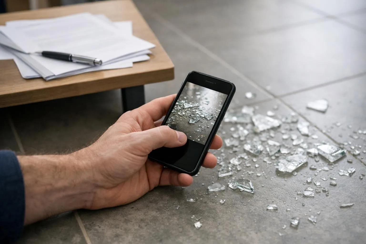 Resident in Lille home photographing broken window glass with smartphone while insurance paperwork and pen rest on nearby table, natural daylight showing glass fragments on floor