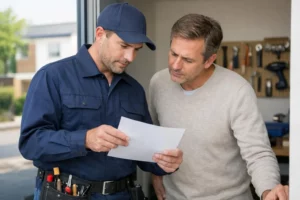 Professional locksmith in work uniform showing transparent pricing document to concerned homeowner at doorway, natural lighting, modern residential setting in Lille metropolitan area, both people focused on pricing sheet, tools visible in background