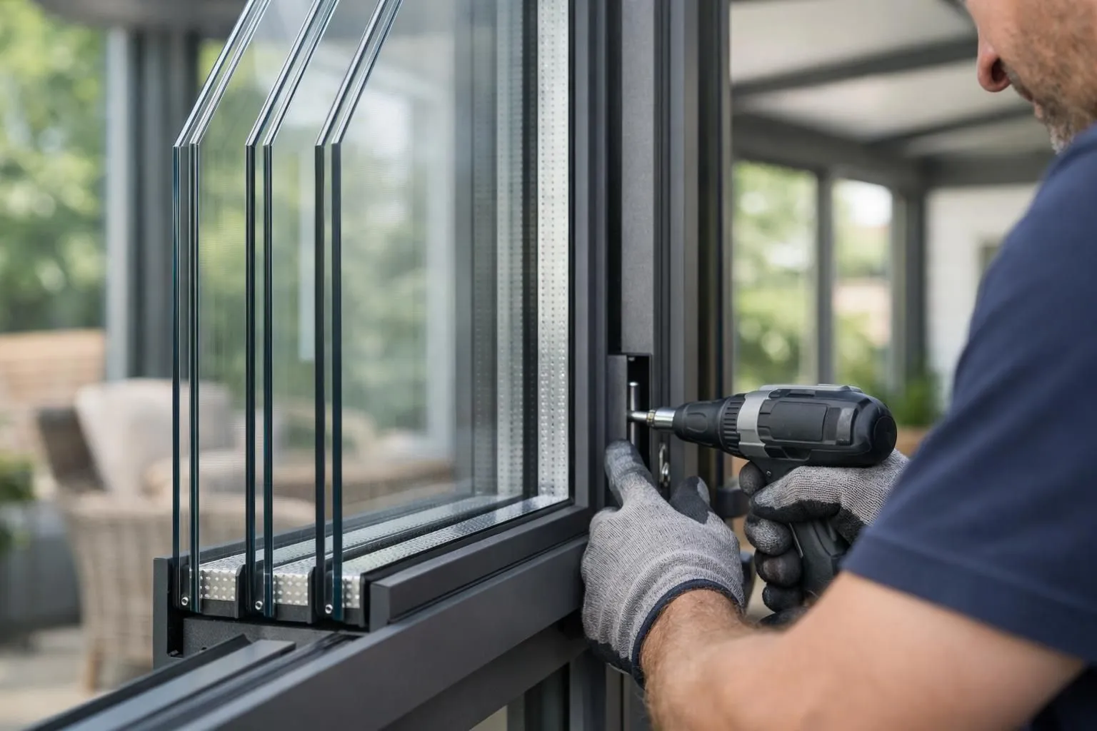 Technical cutaway view of triple glazing panel installed in conservatory frame showing three glass panes with air gaps and insulation layers, professional installer adjusting frame reinforcements with tools, residential conservatory interior visible with natural daylight, realistic photographic style