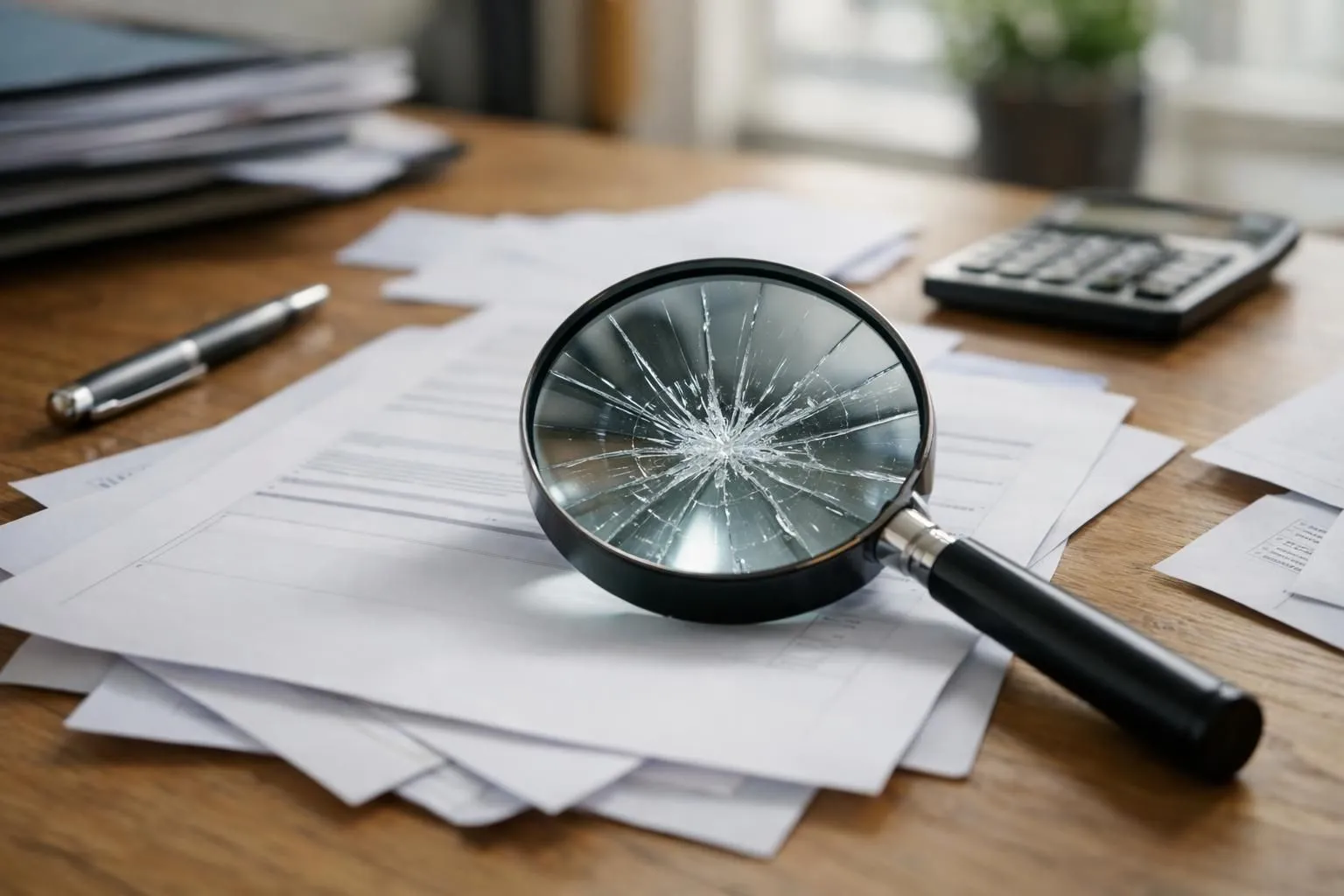 Professional insurance adjuster examining broken storefront window contract with magnifying glass on desk, paperwork with highlighted clauses, serious business atmosphere, natural office lighting, realistic photo