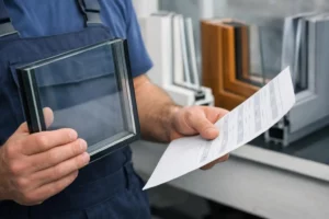 Professional glazier examining pricing sheet while holding double-glazed insulated glass panel in workshop, with various window samples visible in background, realistic documentary photography style showing behind-the-scenes pricing discussion