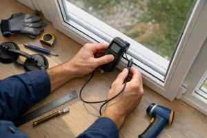 Professional glazier measuring thermal performance coefficient on double-glazed window with digital thermal meter in residential home, technical inspection scene showing expertise in window energy efficiency, natural lighting highlighting measurement tools and window frame details