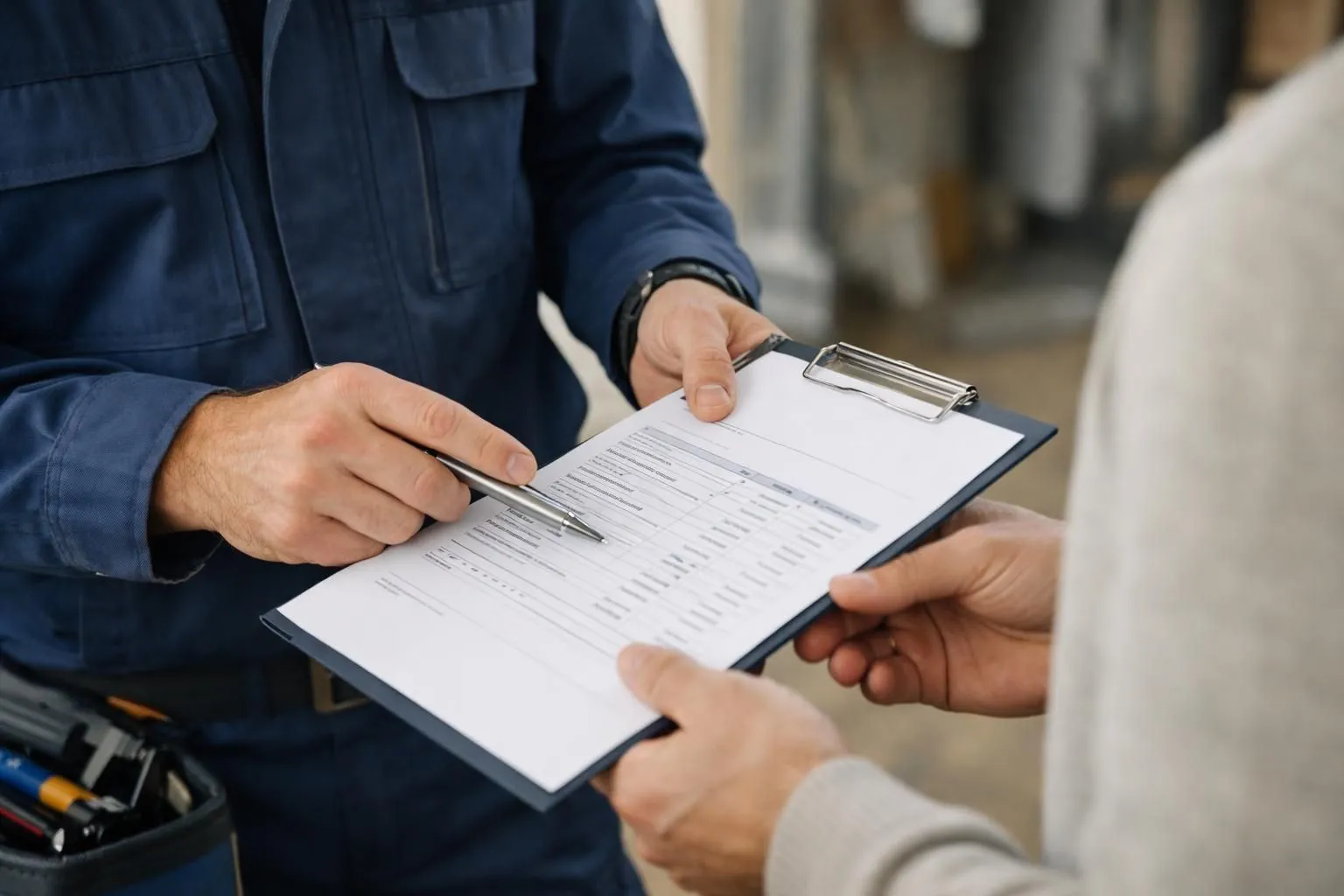 Professional locksmith in work uniform showing detailed written estimate document to homeowner at residential doorway, close-up view of hands pointing at itemized pricing on official quote form with company letterhead, natural lighting, realistic business interaction