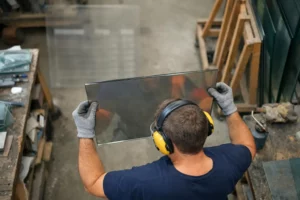 Professional glazier showing official EN 1806 certification document while inspecting high-temperature fireplace glass panel in workshop setting, with transparent pricing list visible in background