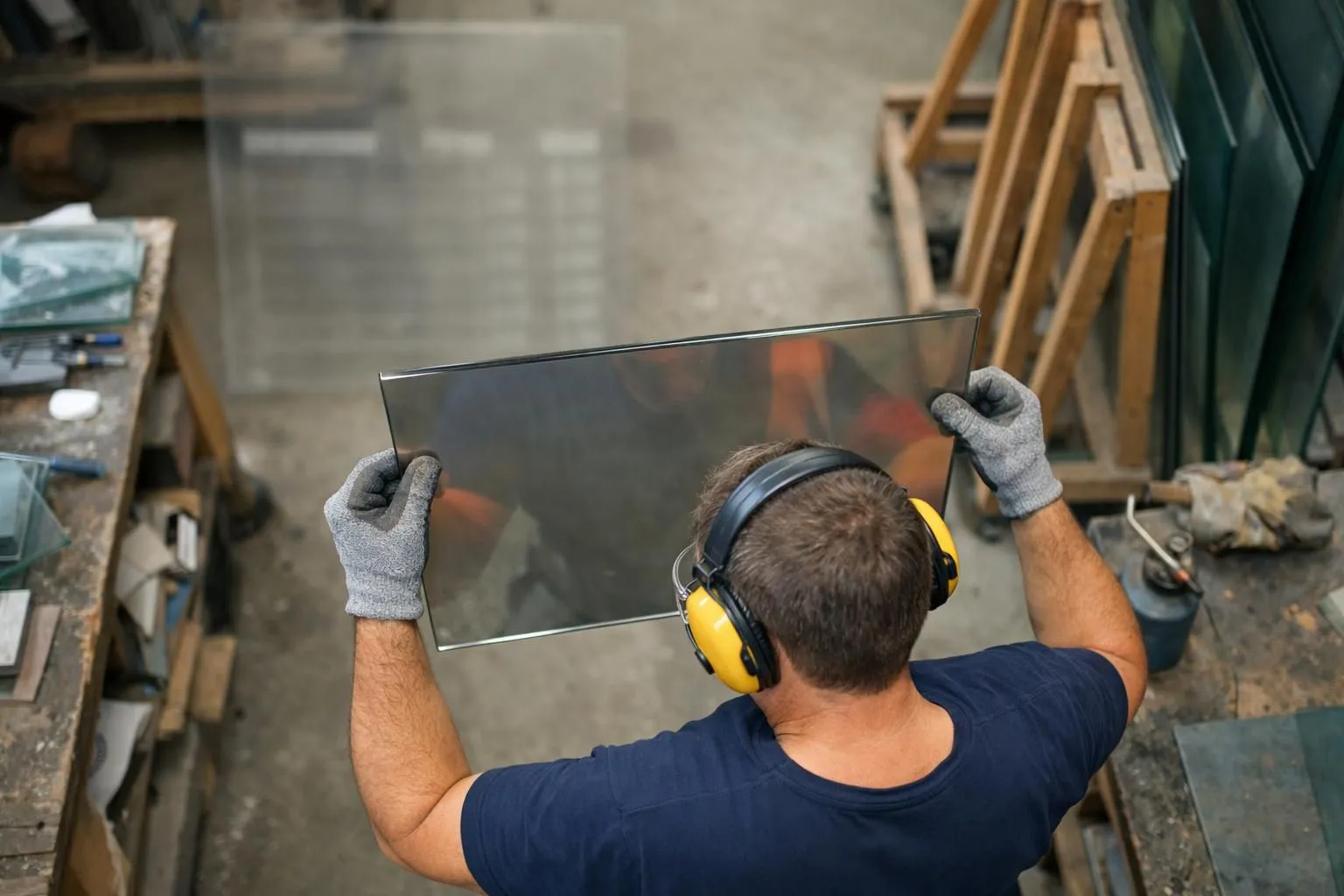 Professional glazier showing official EN 1806 certification document while inspecting high-temperature fireplace glass panel in workshop setting, with transparent pricing list visible in background