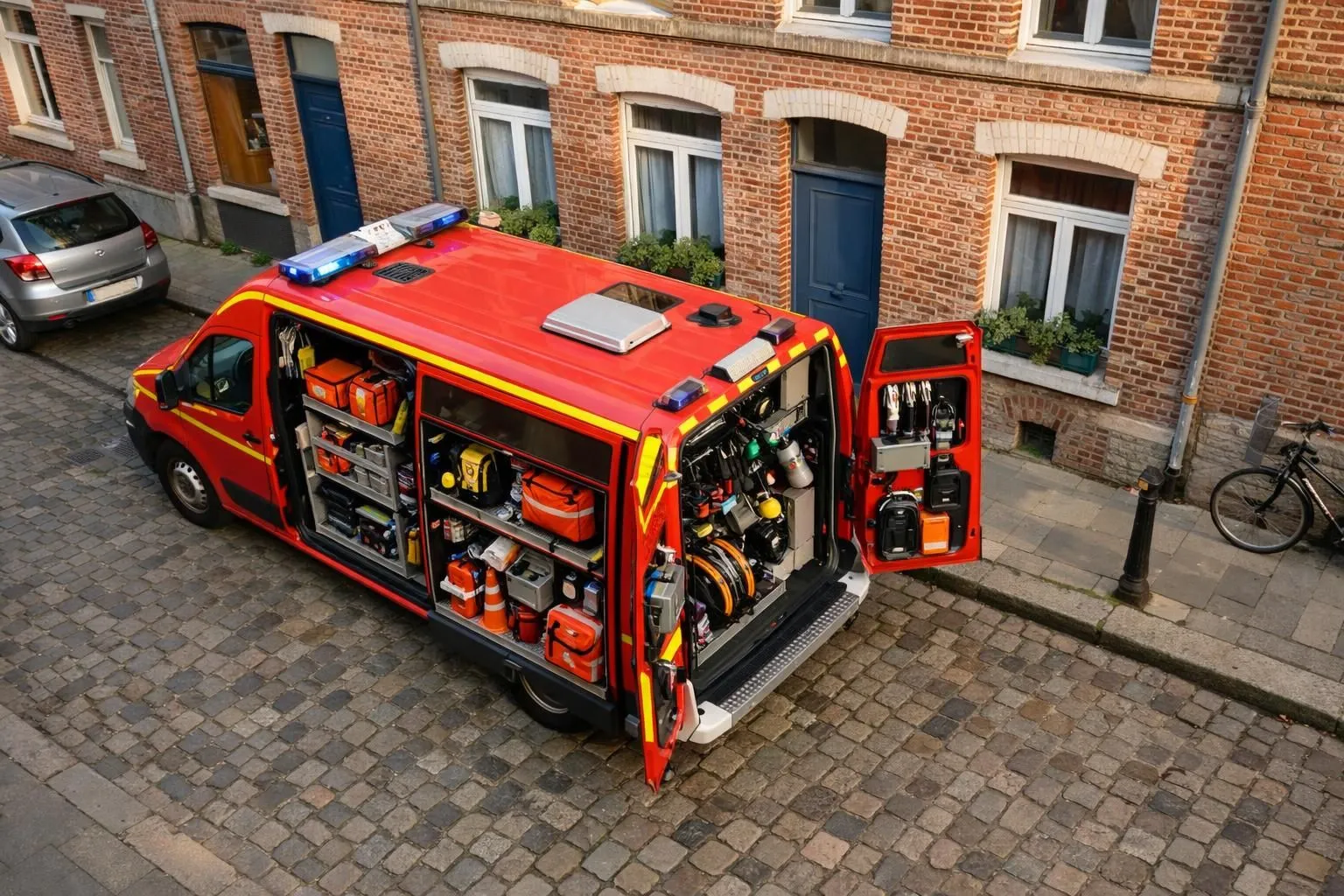 Professional emergency service technician in reflective vest arriving with equipped van at brick residential building facade in typical Lille neighborhood with cobblestone street, early morning light, emergency equipment visible through open vehicle doors