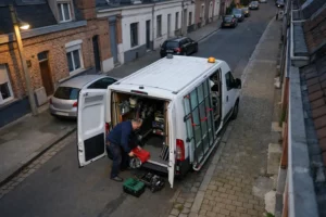 A clearly marked service van parked on a typical Roubaix urban street in northern France, with a glazier professional unloading equipment from the vehicle's side doors, residential brick buildings visible in the background, early evening lighting, documentary style photography showing emergency repair service readiness