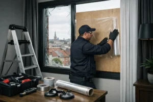 Professional emergency glazier securing shattered residential window with temporary protective boarding, wearing safety gloves while applying transparent security film on broken glass, ladder and emergency repair tools visible in foreground, urgent intervention scene in Lille metropolitan area apartment