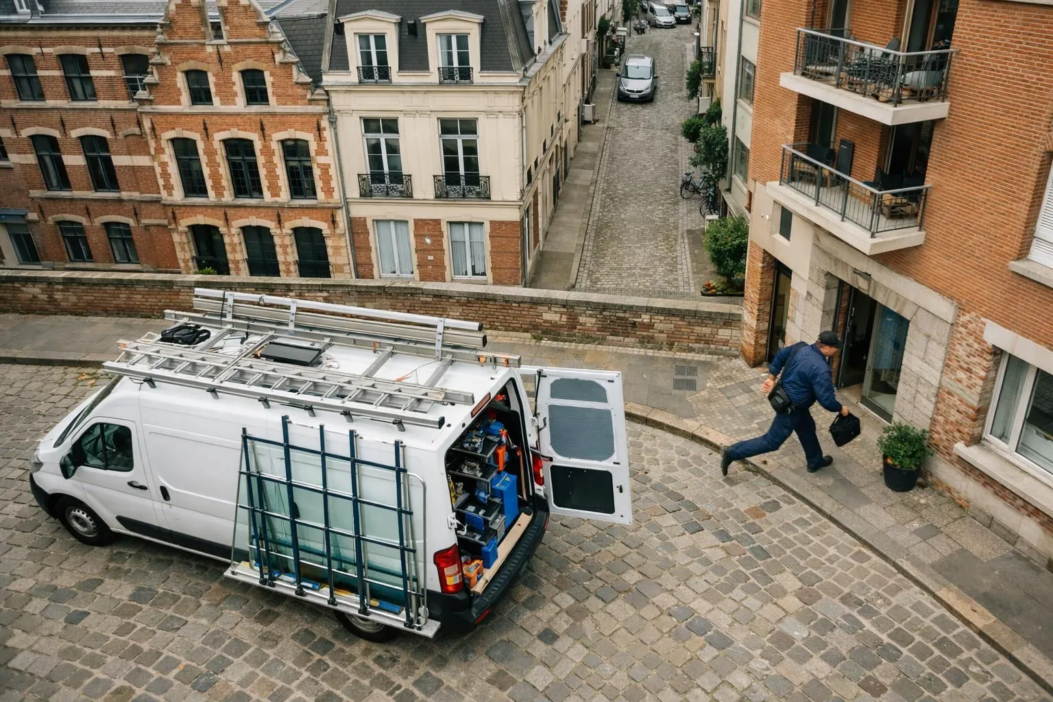 Professional glazier driving branded van through typical Lille residential street with Flemish architecture and apartment buildings, rushing to emergency window repair, urban setting with overcast northern France weather
