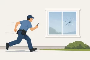 Vitrier Lambersart urgence. Illustration d'un artisan réparant une vitre cassée, symbolisant intervention rapide en moins de