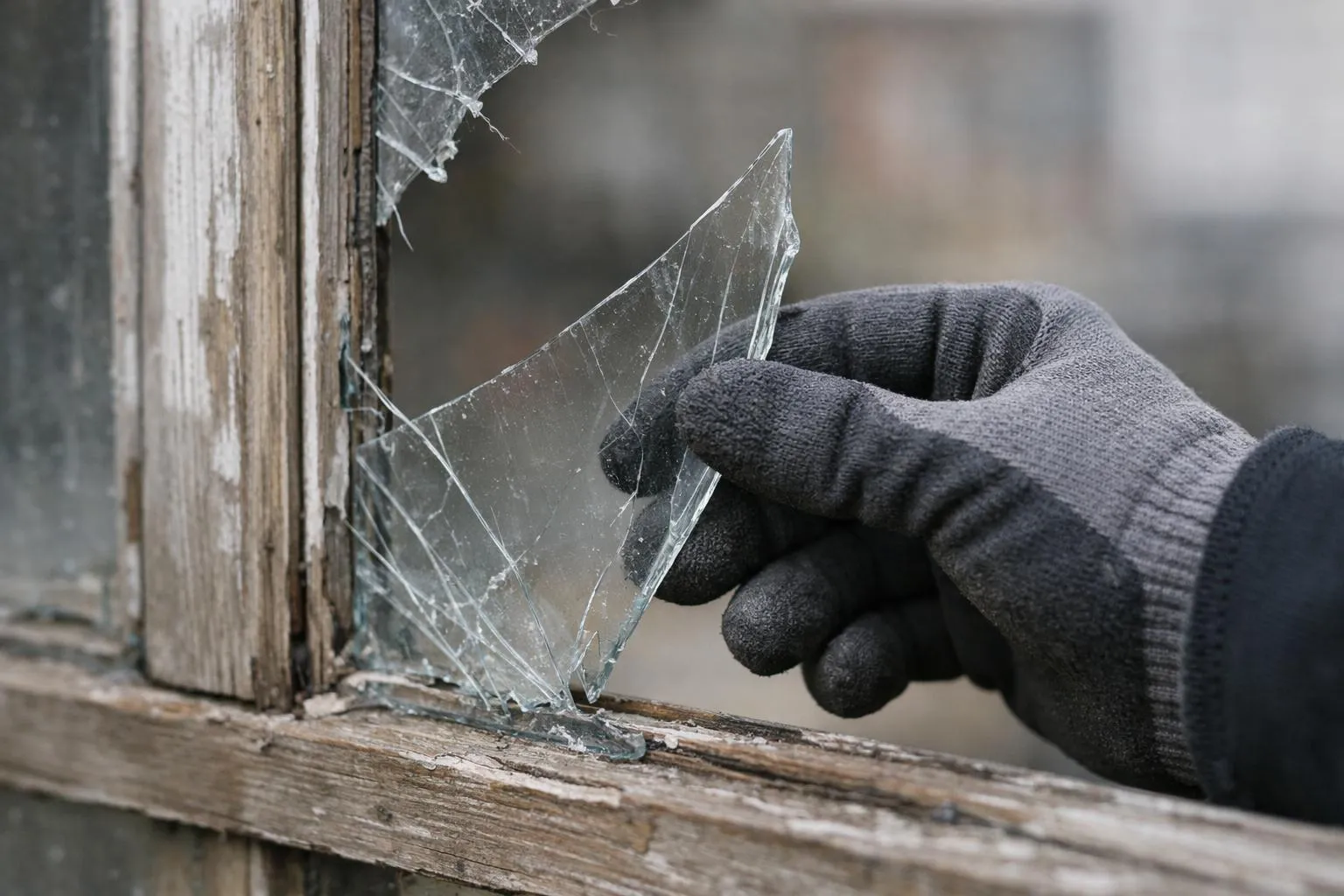 Main gantée retirant un éclat de vitre brisée d'une fenêtre à Lille, évoquant le remplacement avec assurance.