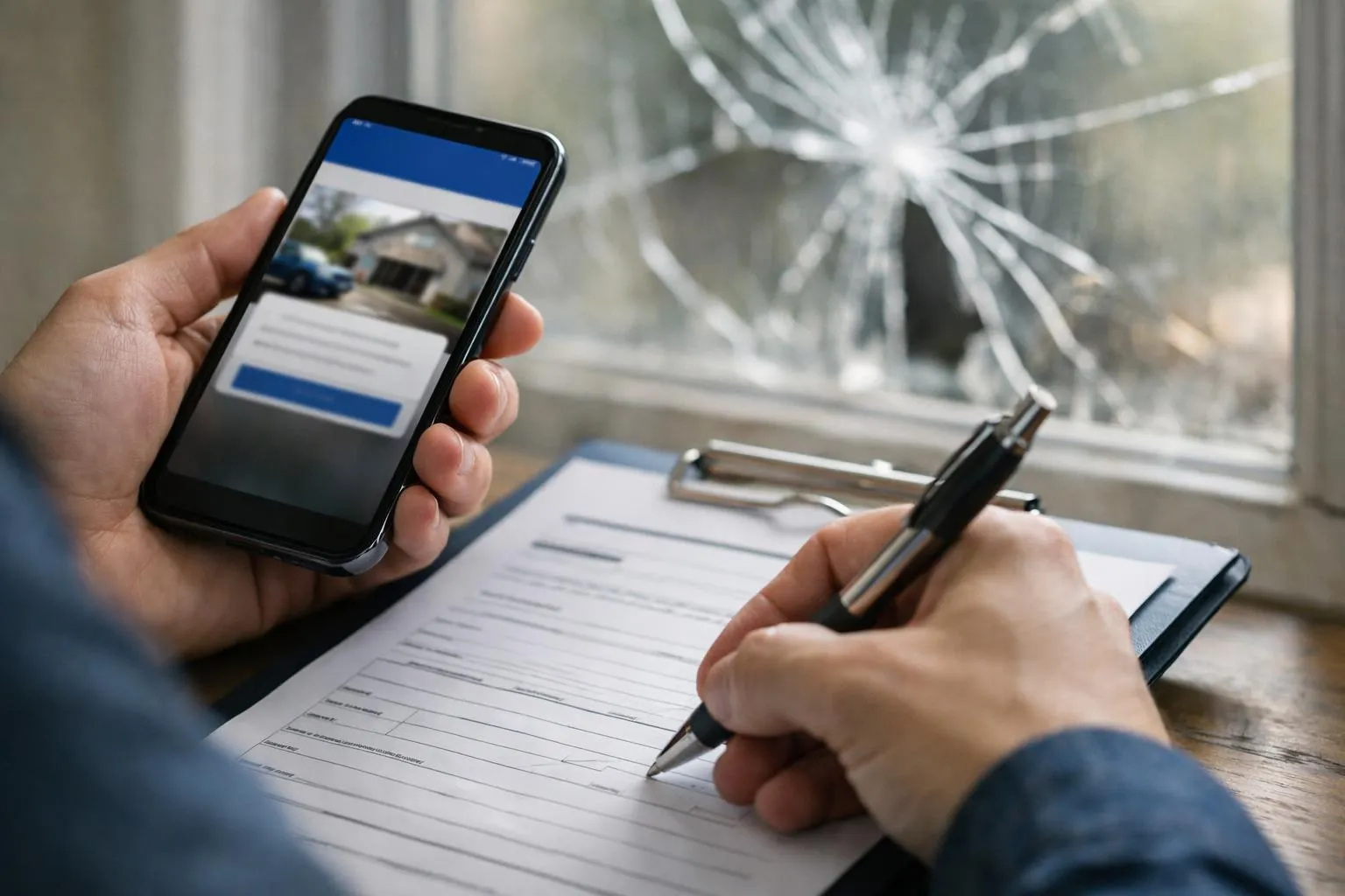 "Vitre brisée, main remplissant un formulaire d'assurance avec smartphone"
