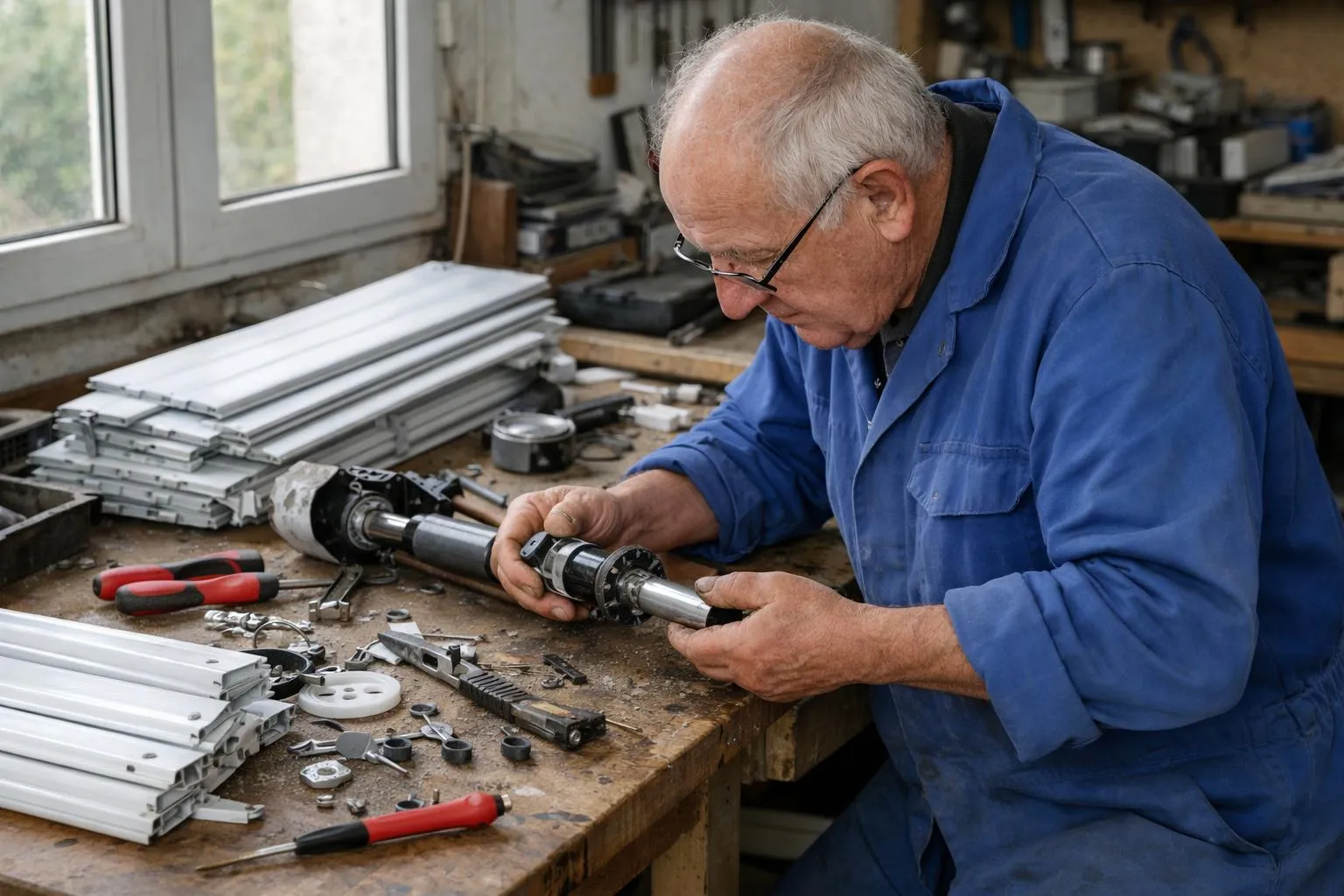 Un homme répare un volet roulant cassé dans son atelier