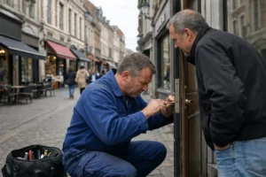 Serrurier à Lille, intervention sur une serrure de porte dans une rue commerçante, offrant un meilleur rapport qualité prix.