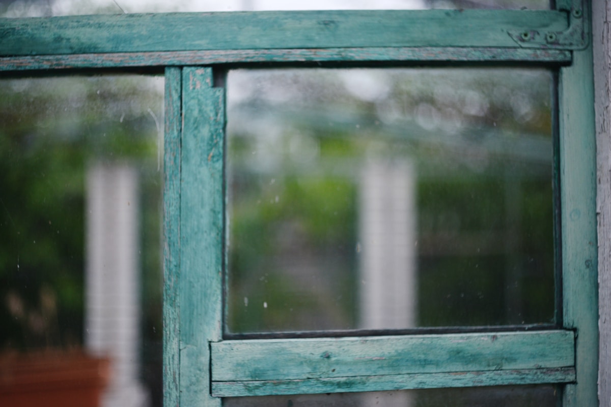 Old, teal-framed window reflecting a blurry garden.
