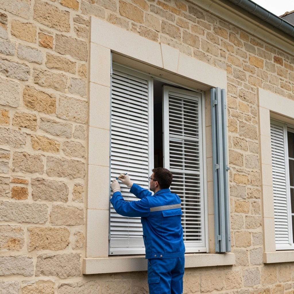 Technicien en bleu de travail utilisant des outils pour réparer un volet roulant blanc bloqué sur la façade en brique rouge typique d'une maison lilloise, avec tablier à mi-hauteur coincé dans son rail, par temps gris nuageux caractéristique du nord de la France
