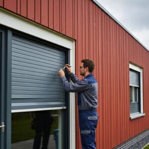 Technicien professionnel en tenue de travail inspectant de près un mécanisme de volet roulant électrique défectueux monté sur la façade d'une maison moderne avec briques rouges typiques du Nord, outils de diagnostic posés à côté, ciel gris caractéristique de Lille en arrière-plan