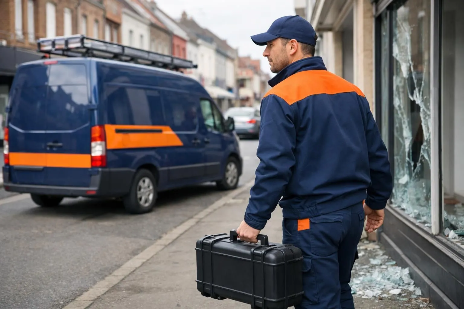 Professional glazier technician arriving at damaged storefront with broken window in Lambersart urban area, carrying emergency repair equipment case and protective boards, modern French commercial street setting with professional van visible