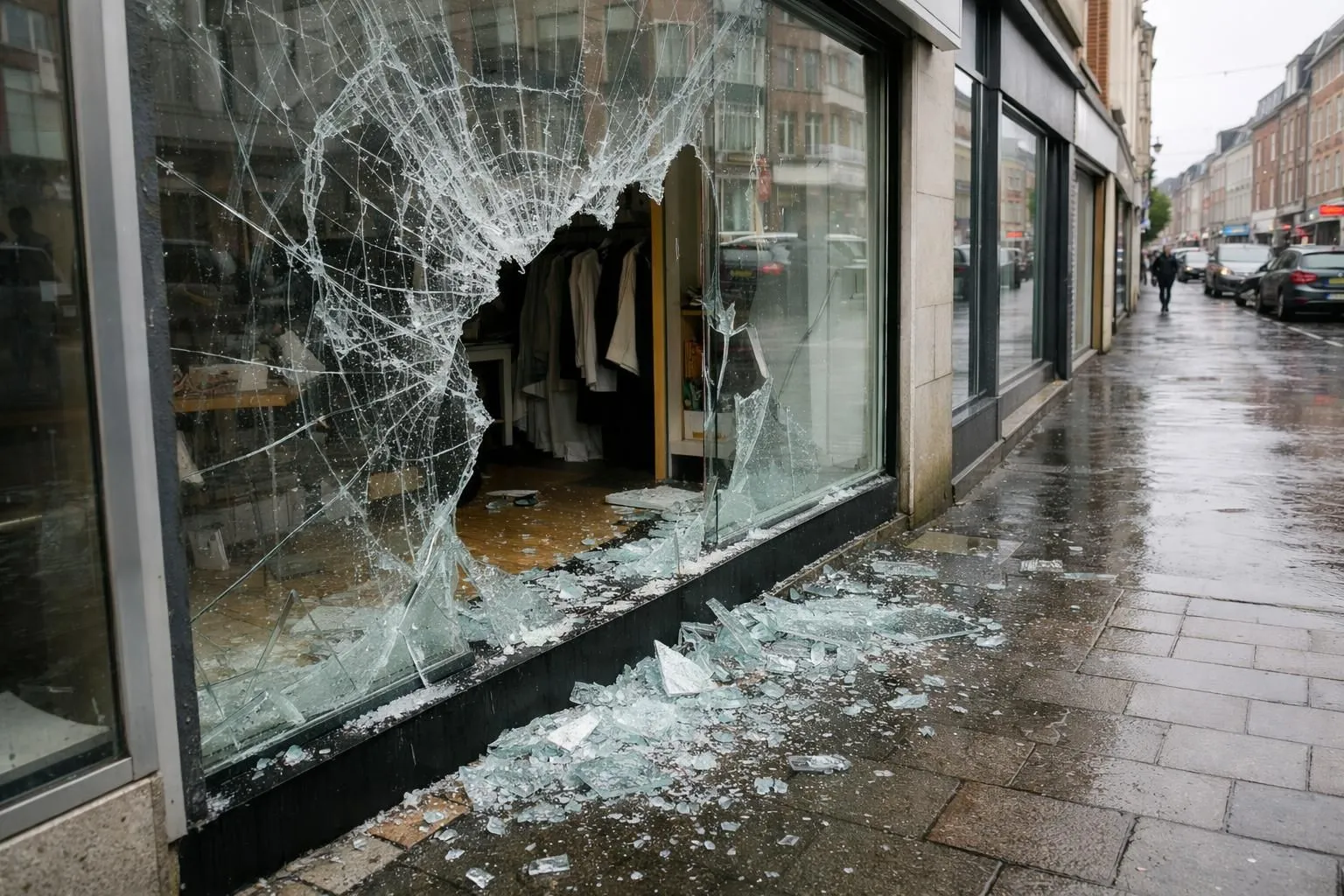 Broken storefront window with shattered glass fragments on a commercial street in northern France, with visible security concerns and weather exposure, realistic photographic style showing the immediate danger of damaged glazing in an urban setting
