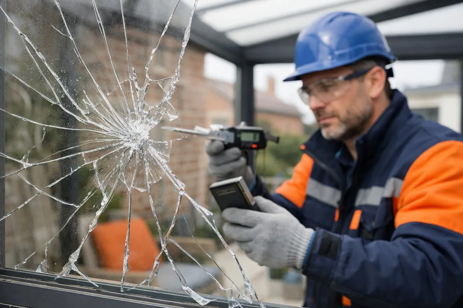 Broken veranda glass pane with sharp jagged edges and visible cracks, rainwater seeping through damaged frame, professional glazier in safety gear examining the damage with measurement tools and protective equipment, residential conservatory setting in Northern France