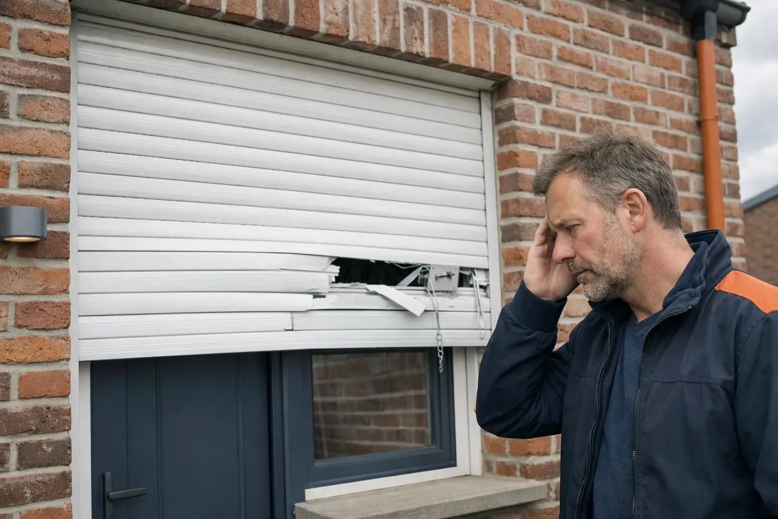 Close-up of a jammed white roller shutter stuck halfway on a brick house facade in La Madeleine, showing visible damage to the slats with broken mechanism, homeowner looking concerned at the malfunction, realistic residential exterior photography, overcast northern France weather