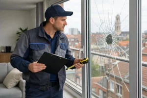 Professional glazier in work clothes examining broken residential window in modern Lille apartment while holding insurance claim folder and measuring tape, natural daylight, realistic photography style