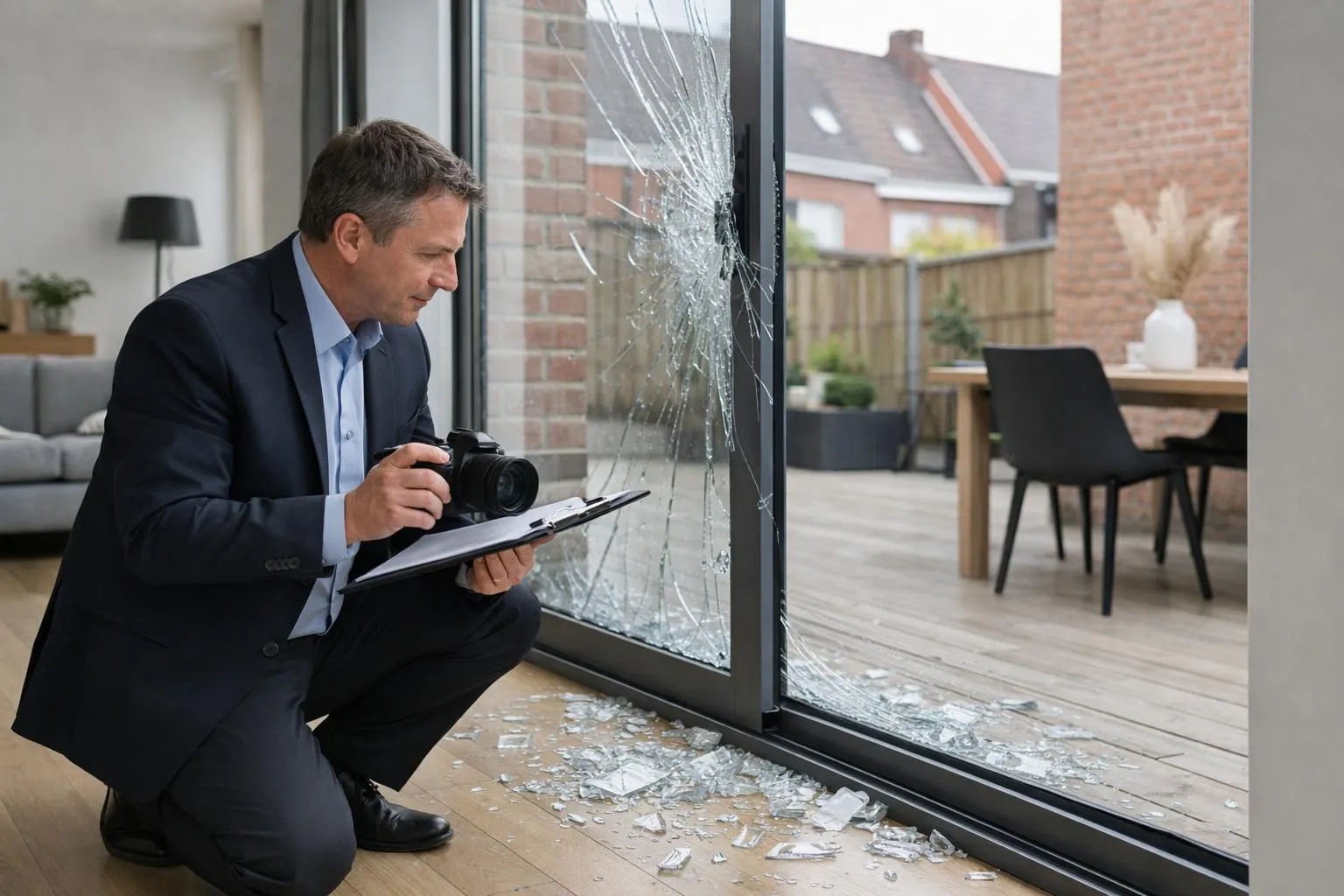 Insurance adjuster in professional attire examining and documenting a large broken residential window with shattered glass pieces visible on the floor, holding a clipboard and camera in a modern Lille home interior, natural daylight coming through damaged window frame