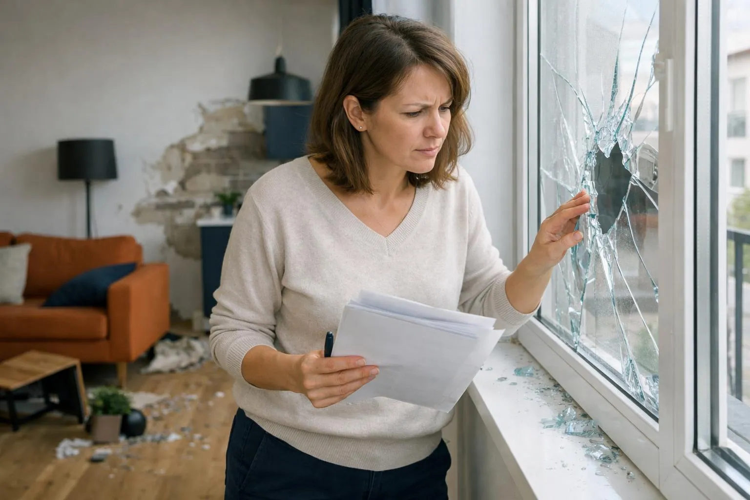 Homeowner holding insurance policy documents while examining cracked residential window glass, worried facial expression, modern French apartment interior with visible broken window damage, natural daylight, photorealistic style