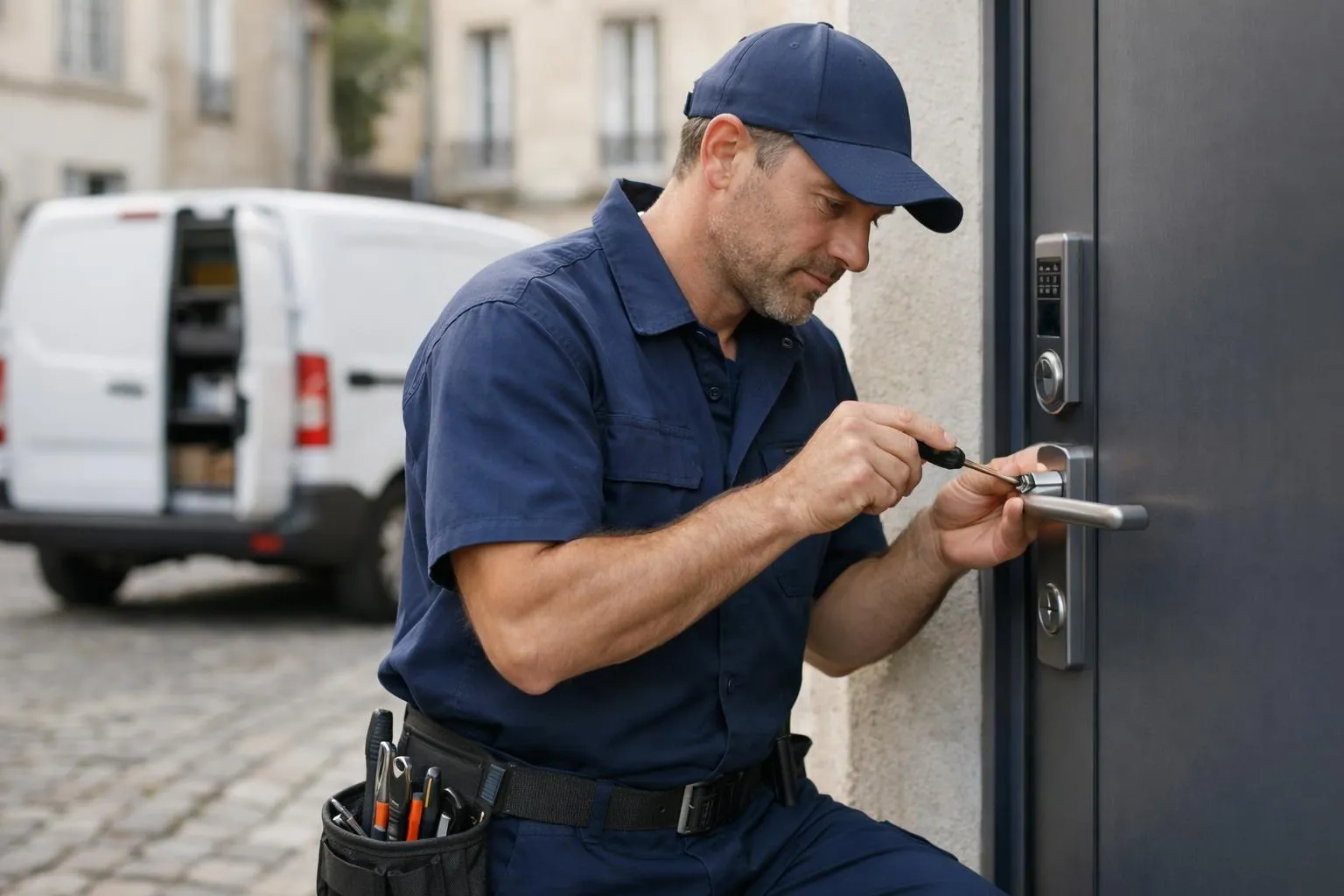 Serrurier professionnel en uniforme de travail manipulant des outils spécialisés devant une porte d'entrée sécurisée dans un immeuble lillois typique, éclairage naturel diurne, camionnette de dépannage blanche garée dans la rue pavée en arrière-plan