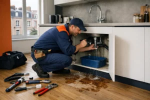 Emergency plumber in work uniform inspecting a water leak under a kitchen sink in a modern Lille apartment, with visible water damage on wooden floor and tools laid out