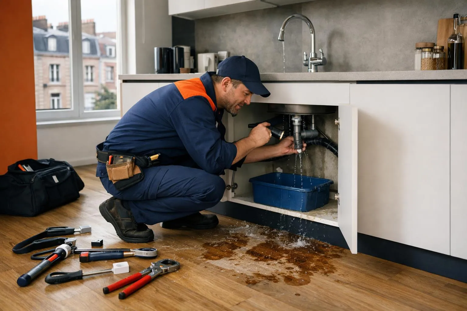 Emergency plumber in work uniform inspecting a water leak under a kitchen sink in a modern Lille apartment, with visible water damage on wooden floor and tools laid out