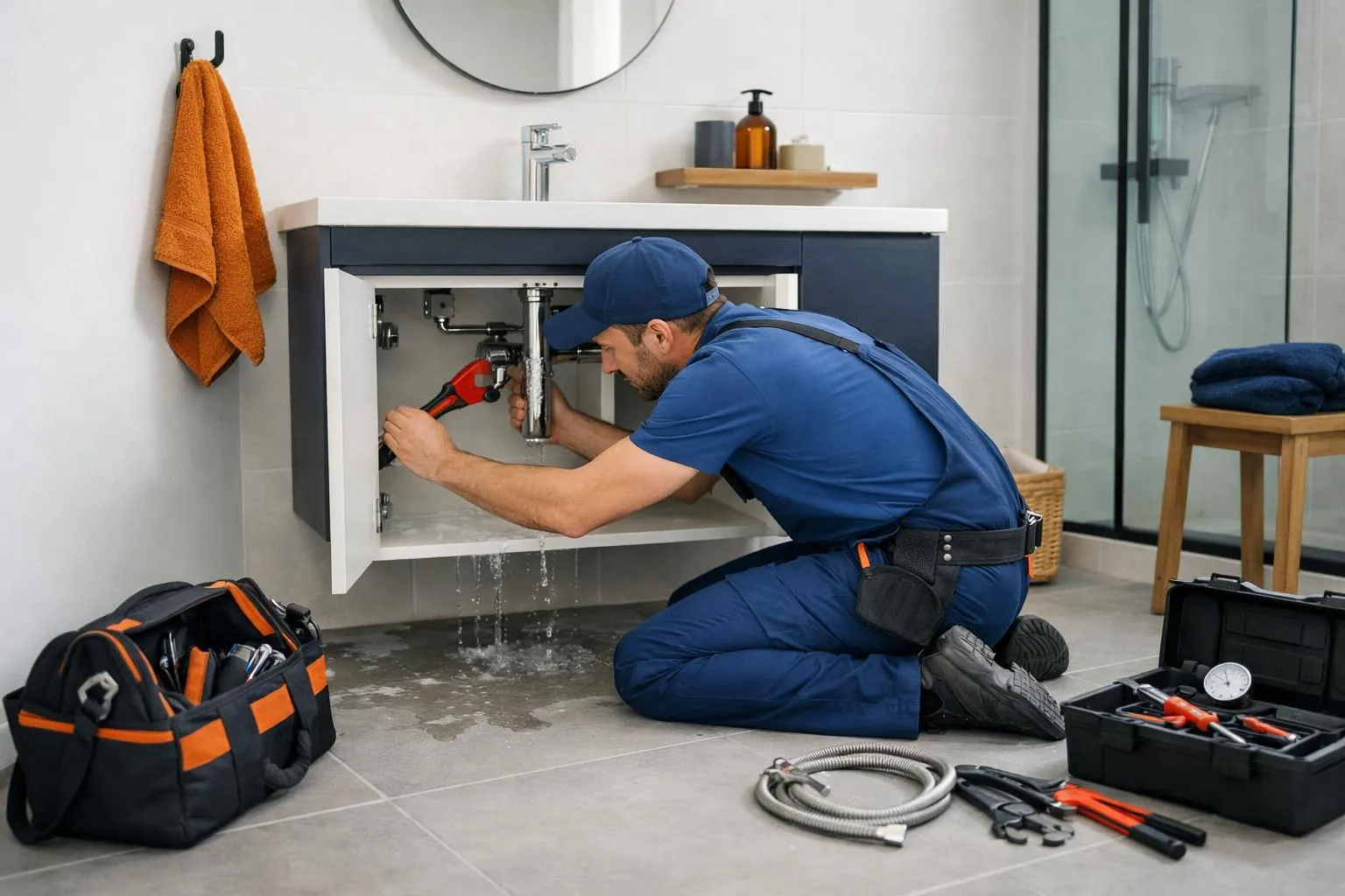 Professional plumber in blue uniform repairing burst pipe emergency in modern Lille apartment bathroom with water pooling on floor and specialized tools visible