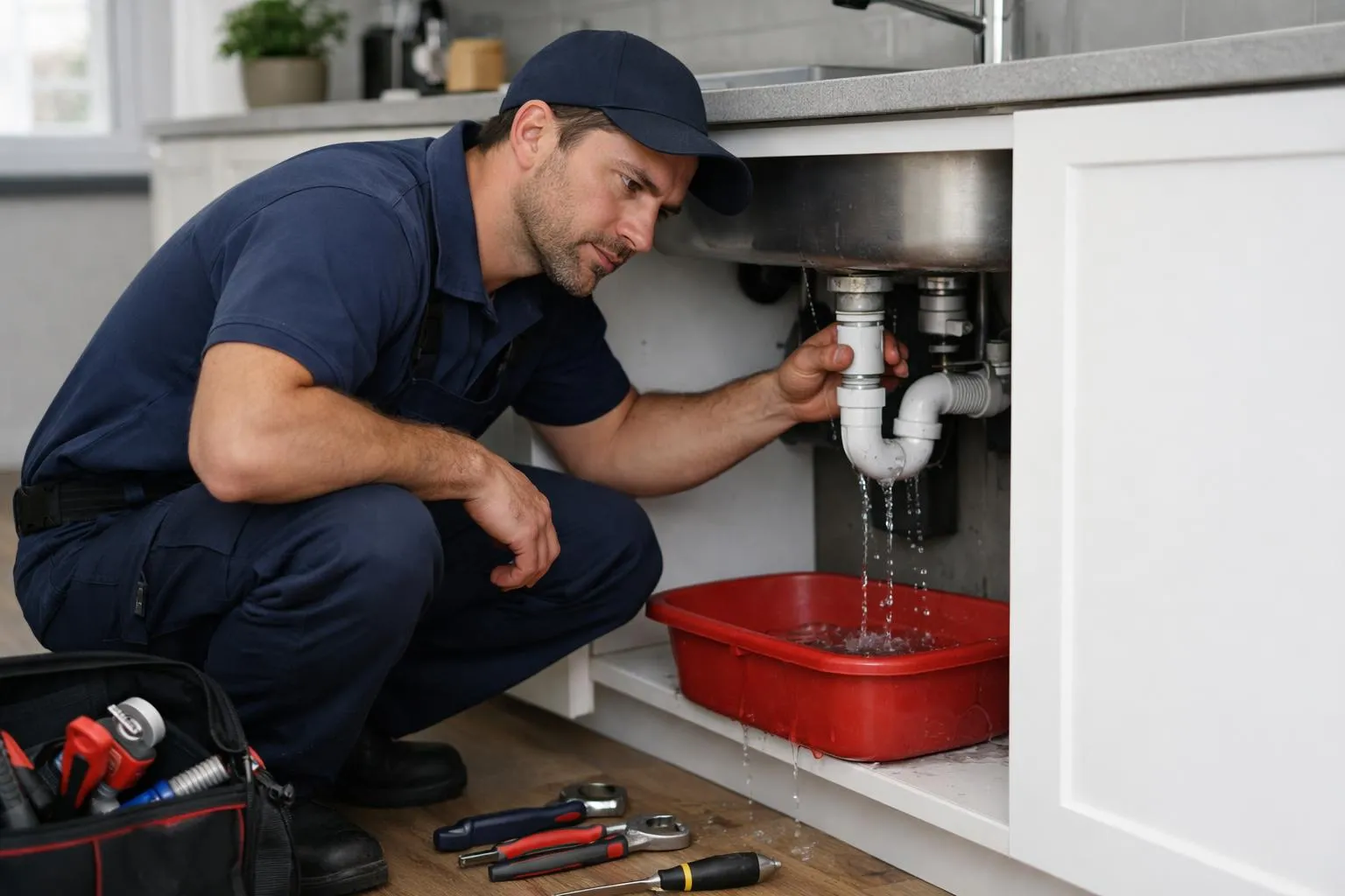 Plombier professionnel en tenue de travail accroupi près d'une fuite d'eau sous un évier dans une cuisine résidentielle moderne à Roubaix, outils professionnels et clé à molette visibles au premier plan, expression concentrée et rassurante du technicien, lumière naturelle traversant la fenêtre, ambiance d'intervention urgente mais maîtrisée