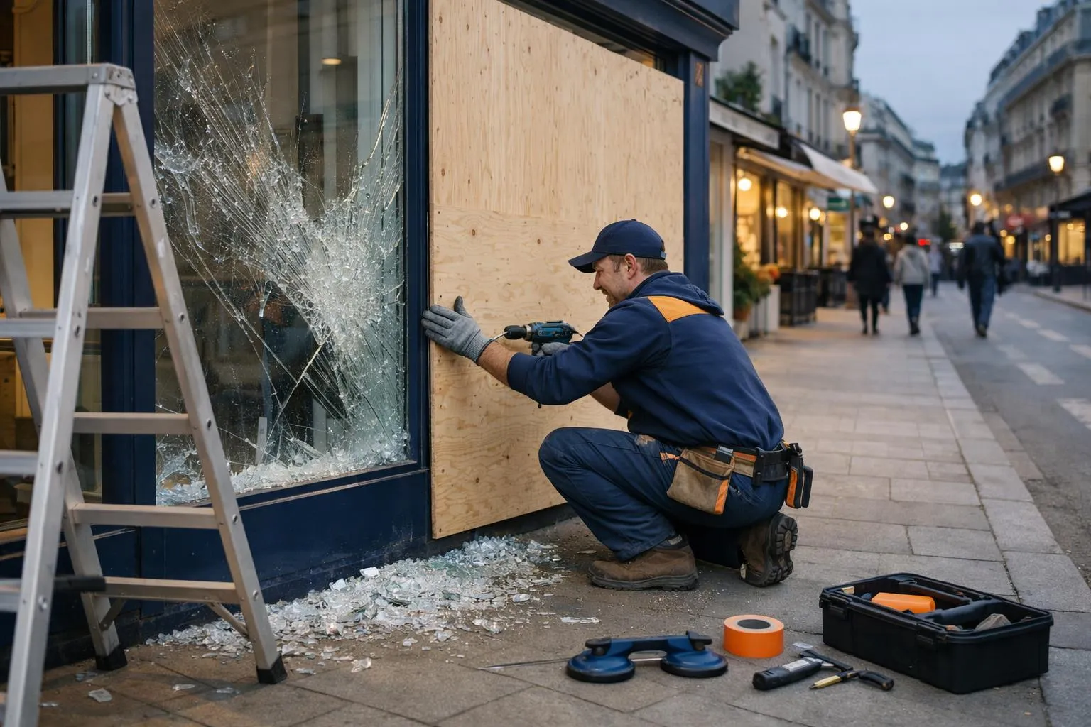 Emergency glazier securing a broken storefront window with protective boarding in an urban commercial street setting at dusk, with visible broken glass fragments on the ground and professional tools, realistic depiction of urgent glass repair intervention in a French city
