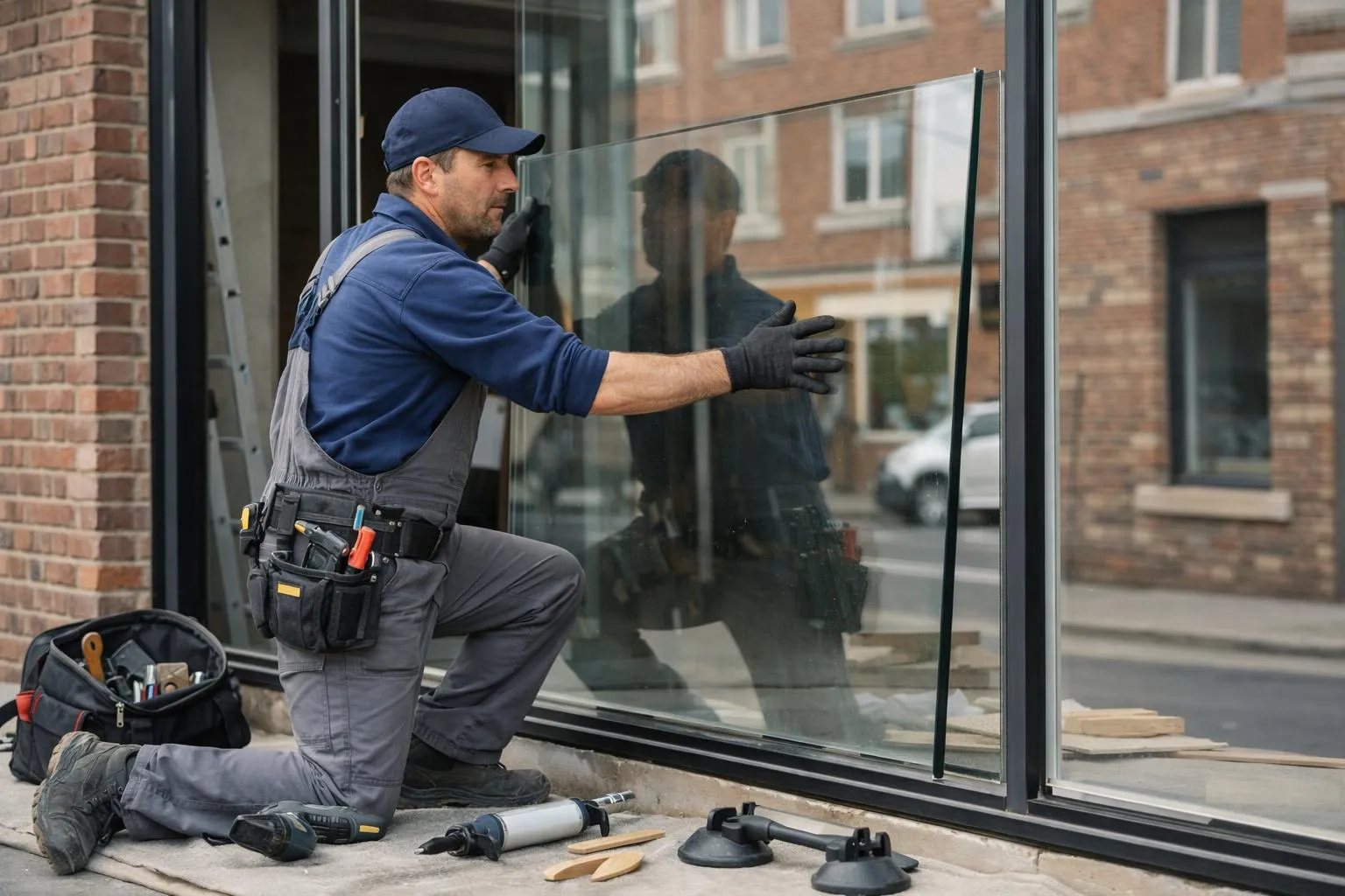 Artisan vitrier professionnel en vêtements de travail installant une grande vitre dans la devanture d'un commerce de la métropole lilloise, outils de précision visibles, ambiance urbaine moderne avec façades de briques du Nord en arrière-plan, lumière naturelle, scène réaliste de chantier