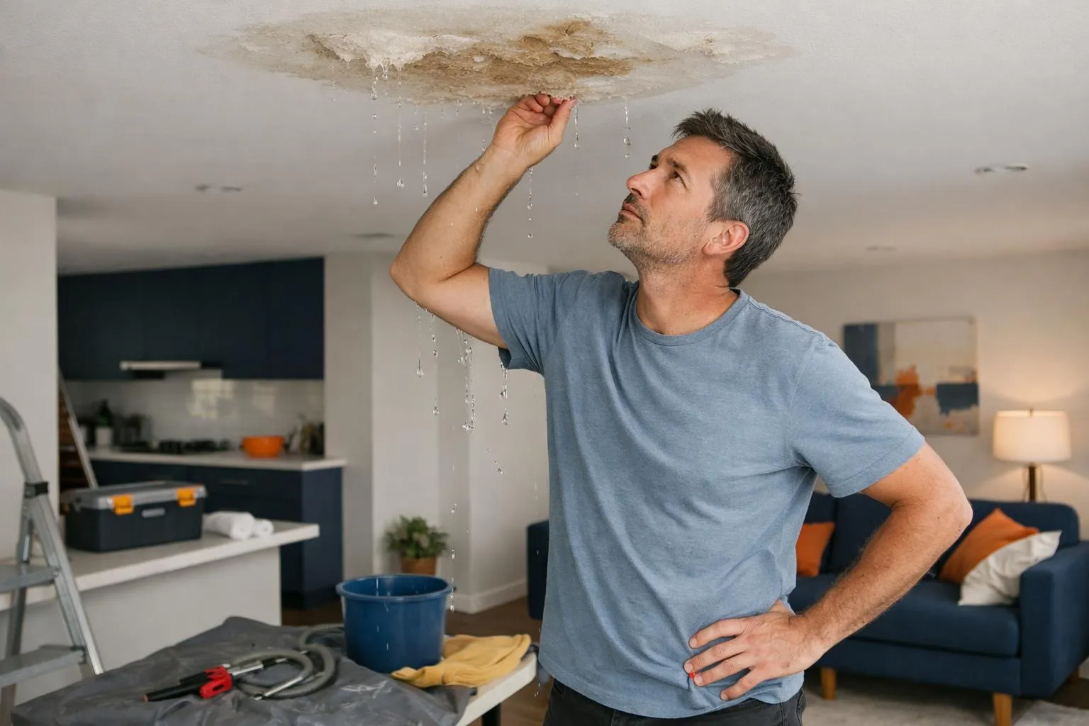 Homme vérifiant une fuite d'eau au plafond dans une pièce en rénovation.