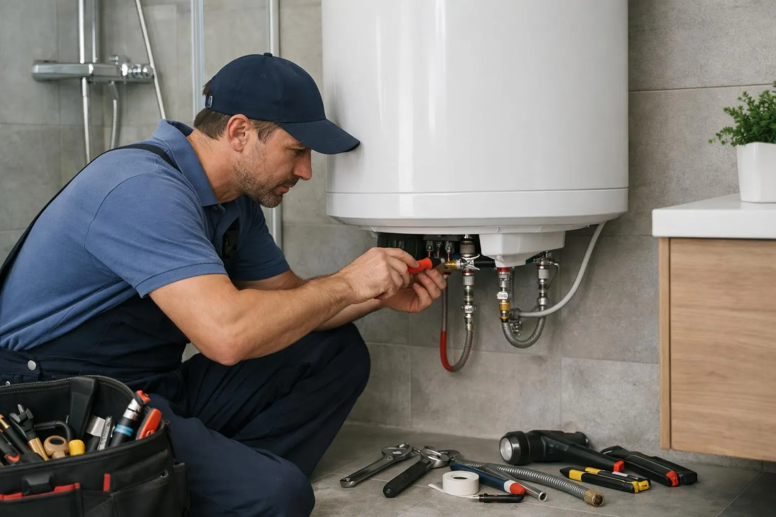 Plombier réparant un chauffe-eau dans une salle de bain.