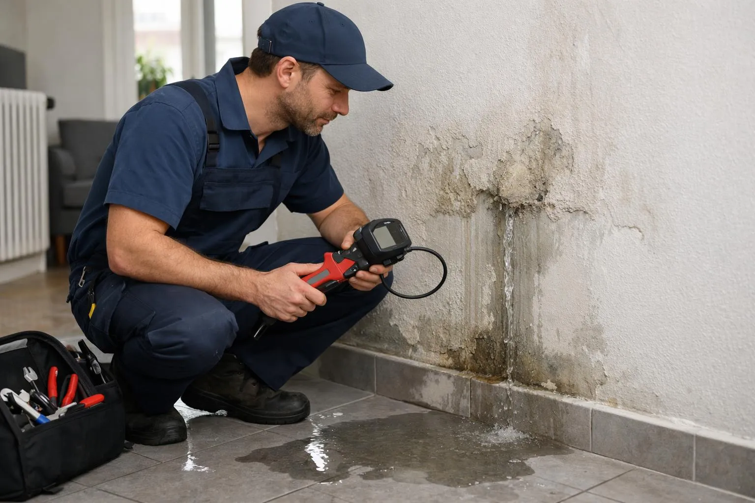 Un plombier inspecte un mur humide avec un détecteur de fuites.