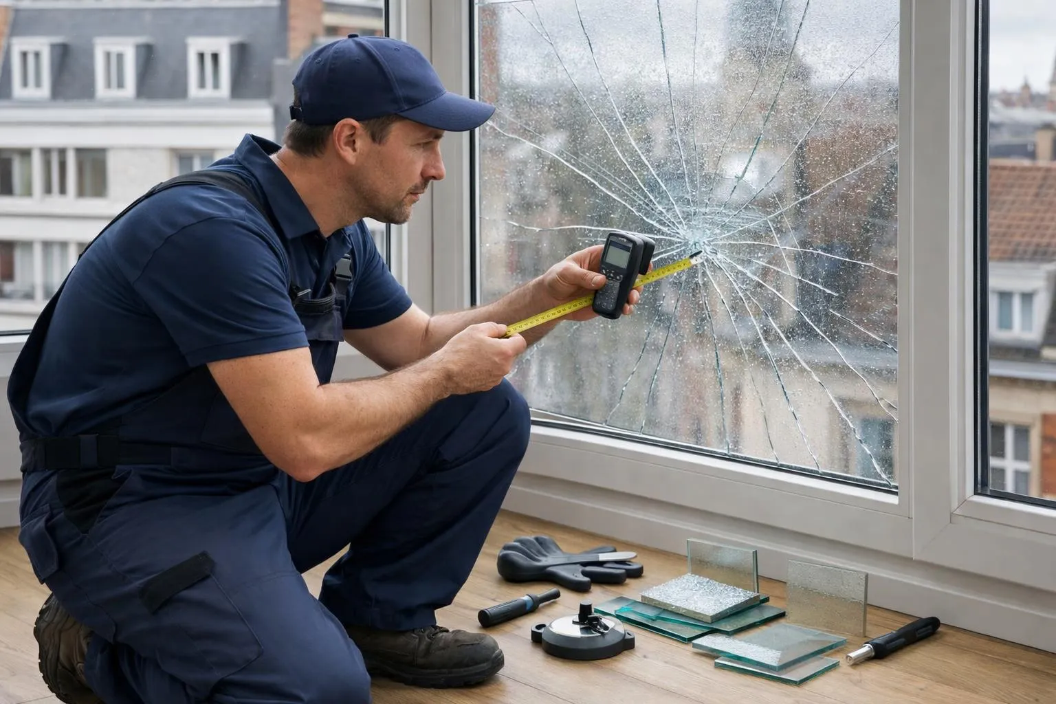 Ouvrier réparant une fenêtre cassée à l'aide d'outils.