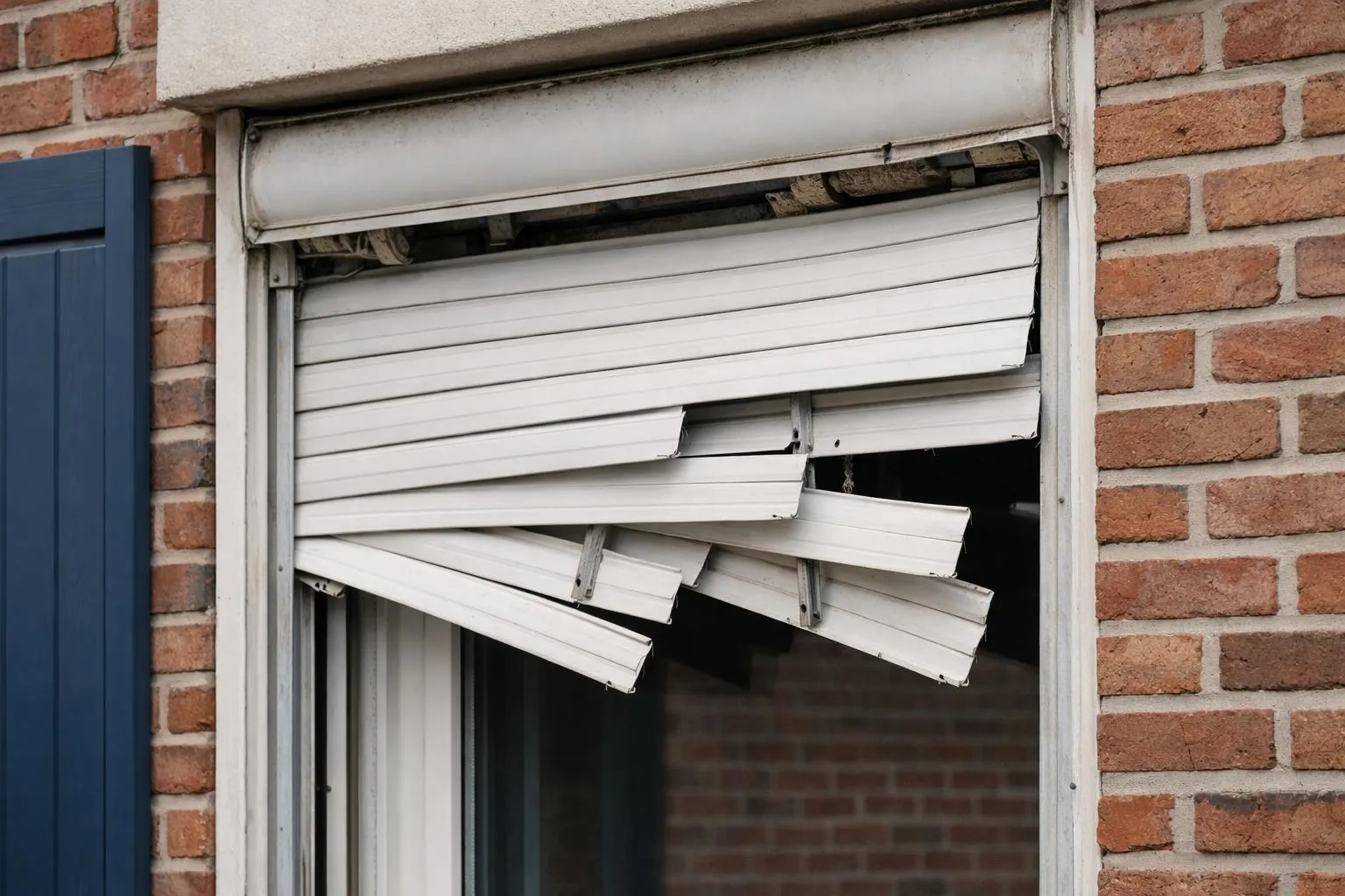 Fenêtre de garage endommagée avec des lames de volet roulant cassées.