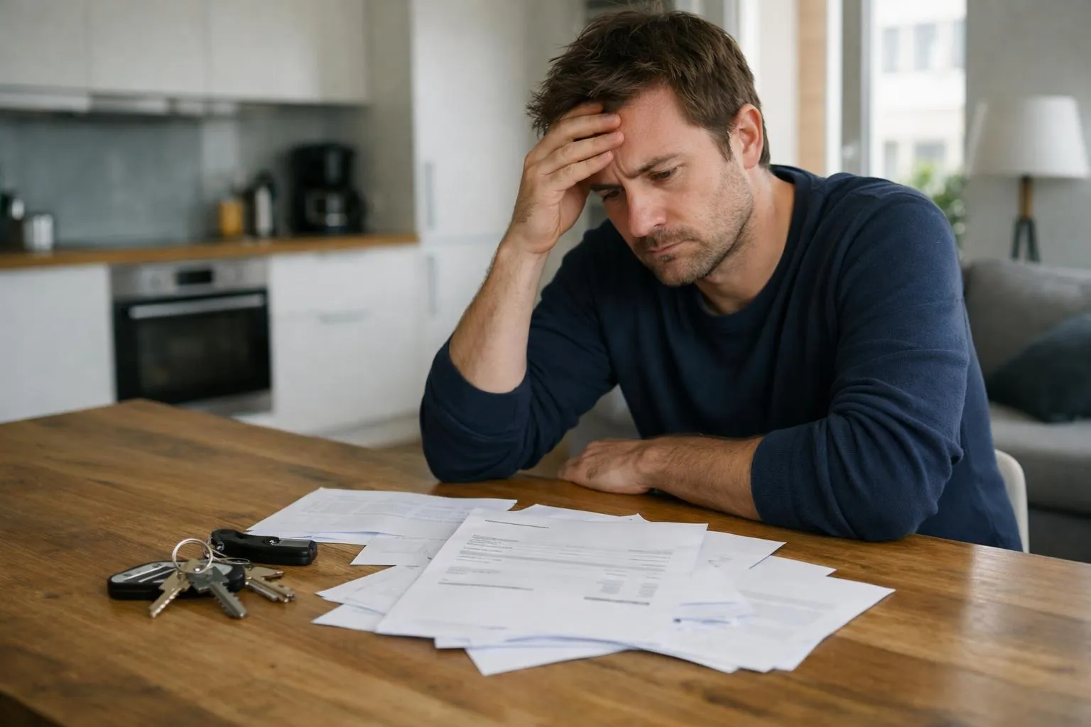 Homme stressé, assis à une table avec des documents.