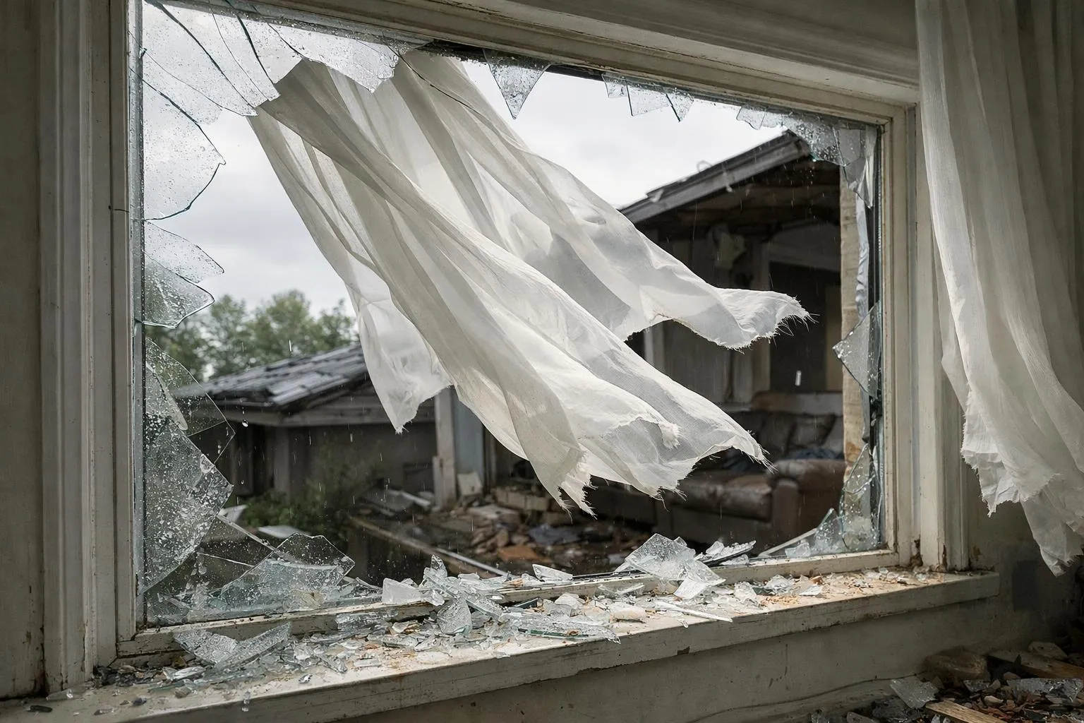 Fenêtre cassée avec des débris et des rideaux déchirés.