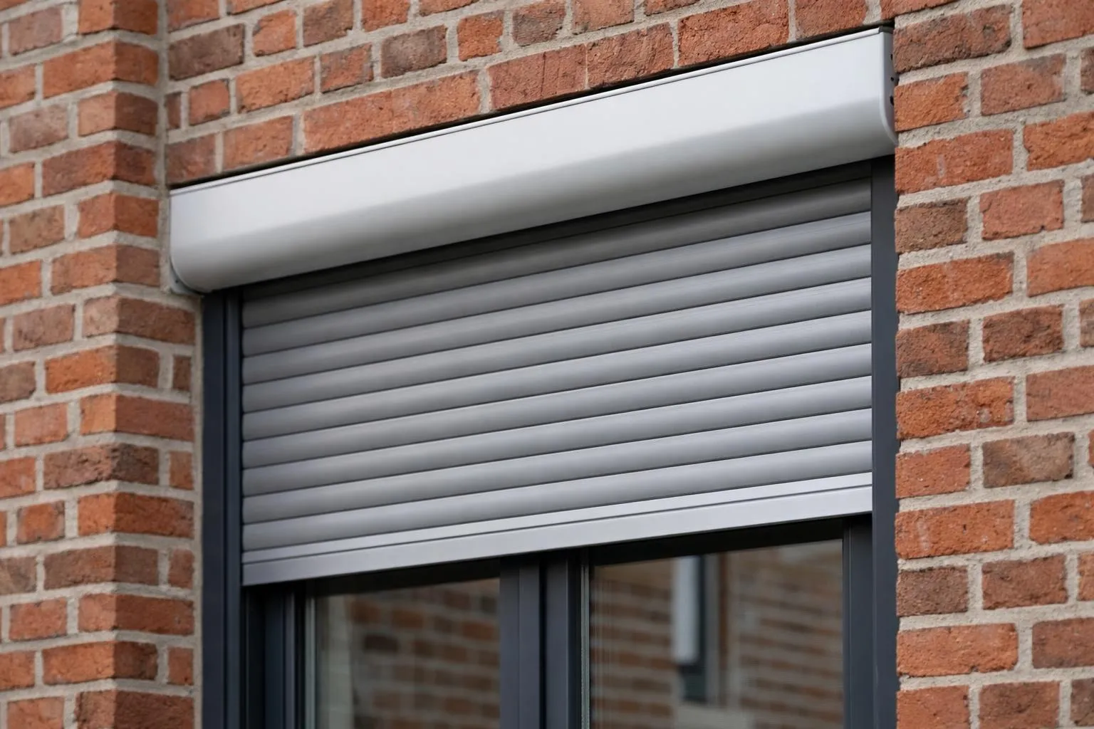 Fenêtre avec volet roulant gris sur mur de briques rouges.