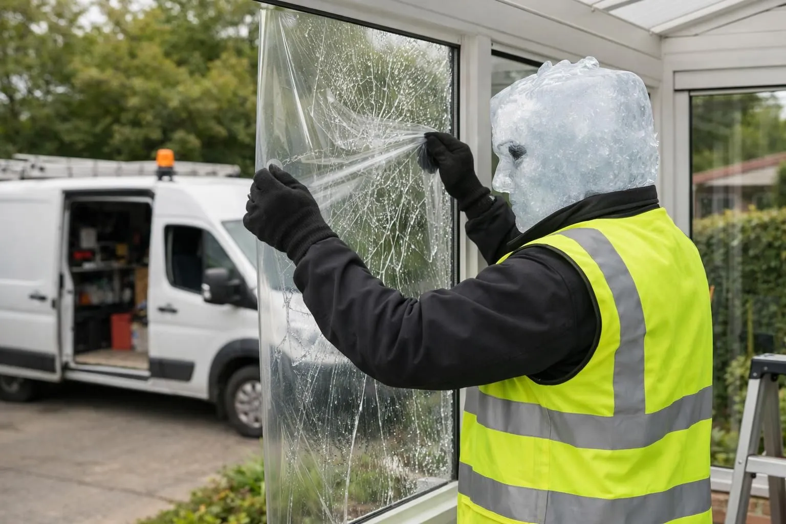 Professional glazier technician in safety vest securing broken veranda glass panel with protective sheeting in Lille suburban home, emergency repair van visible in driveway, daylight scene showing methodical intervention process