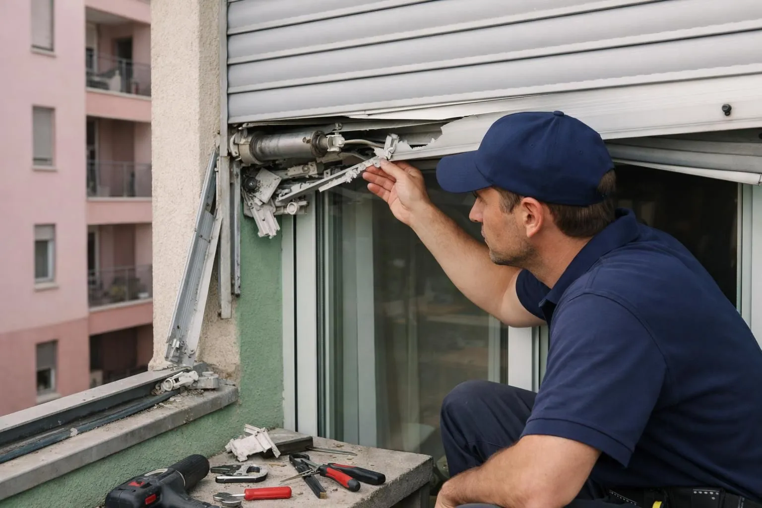 Technician in work uniform examining a stuck roller shutter mechanism on a residential building in La Madeleine, showing broken slats and misaligned rail system, professional repair tools visible, natural daylight, realistic documentary style photography